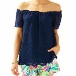 Lilly Pulitzer Navy‎ Lace Off The Shoulder Short Sleeve Peplum Top XS